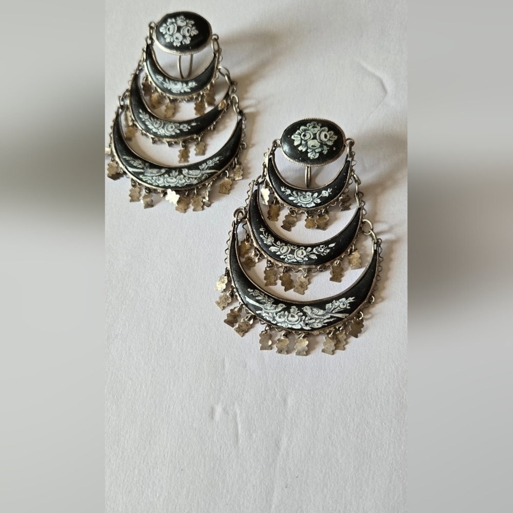 Persian Antique Earrings Sterling Chandellier Clip On Enamel - Picture 11 of 12